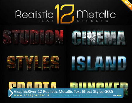 12 استایل فلزی فتوشاپ گرافیک ریور - GraphicRiver 12 Realistic Metallic Style | رضاگرافیک 